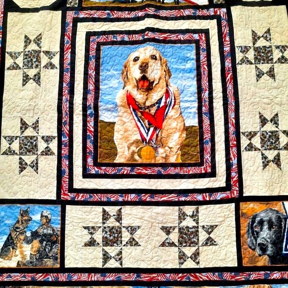 Handmade quilt. 66.5x70.5. Patriotic dog quilt. Tan black grey and red
